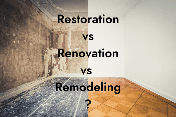 empty room before and after show difference between restoration vs. renovation and remodeling