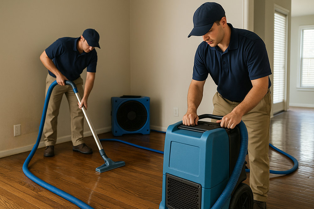 restoration technicians extracting water in house