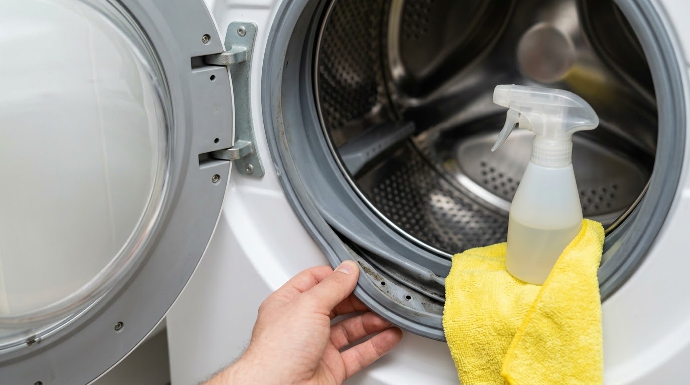 homeowner showing mold growth in washing machine door sealing ring