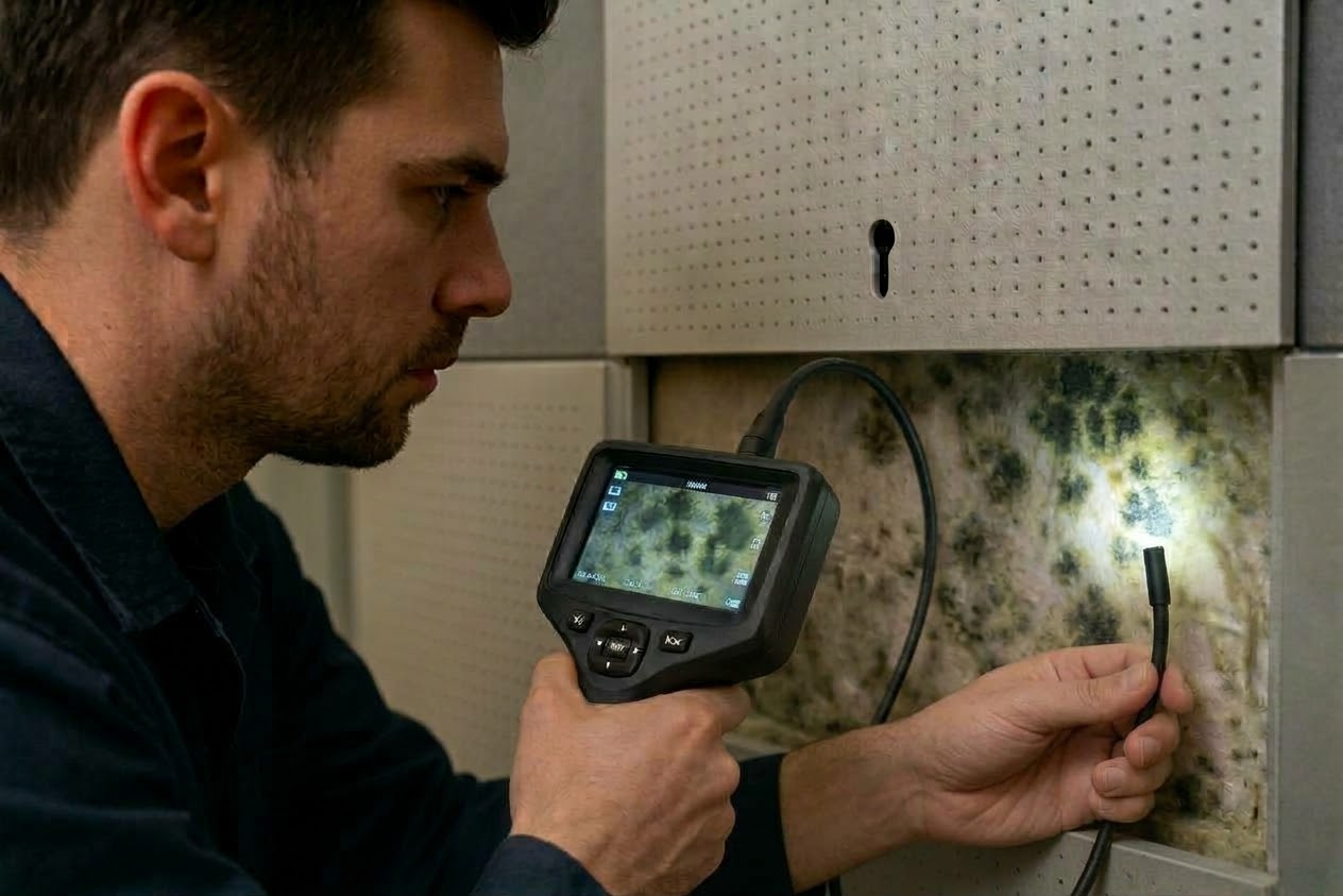 man using borescope to look at mold behind panel