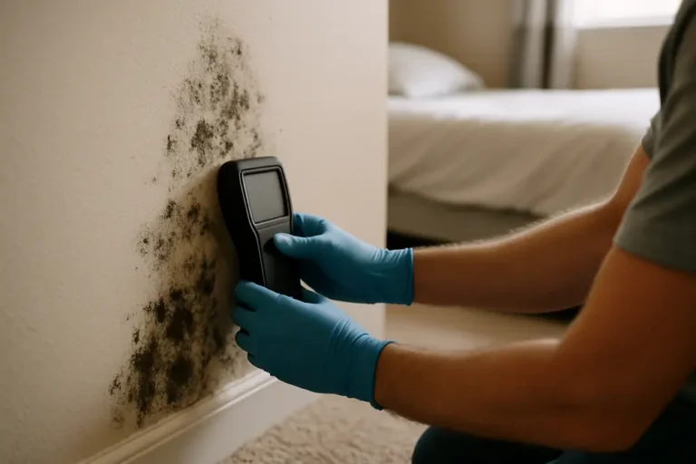 Gloved hands press a moisture meter flat against a bedroom wall beside dark mold spots