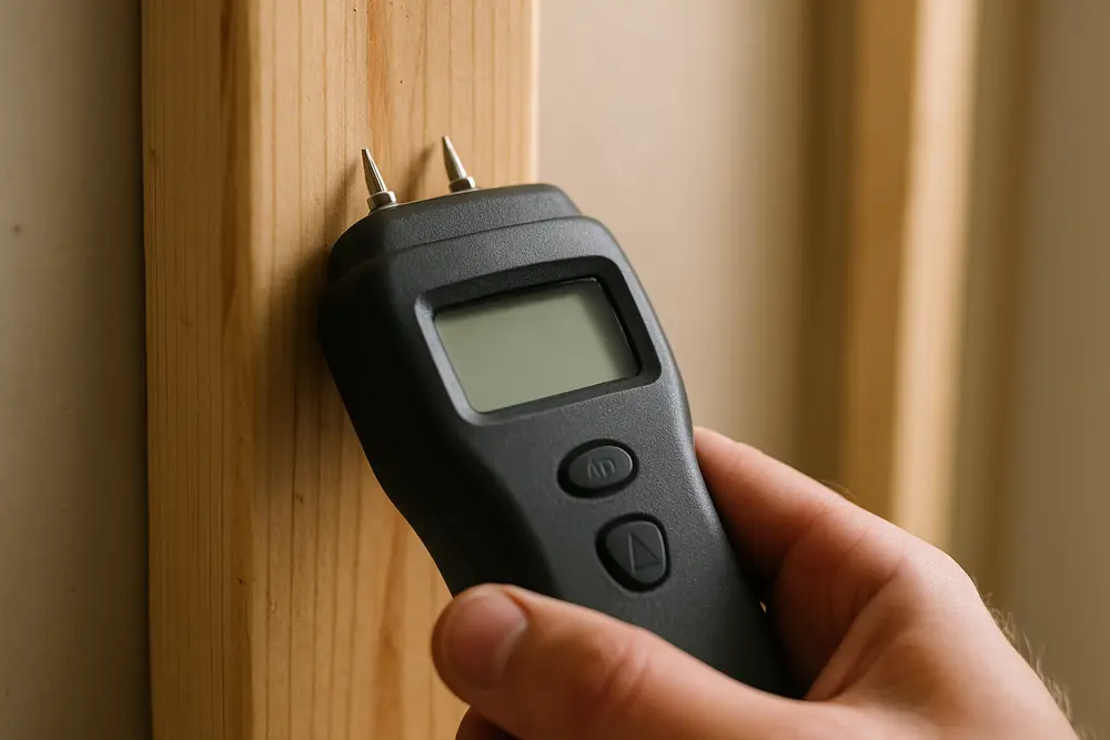 A hand holds a moisture meter pressed against a wall stud.