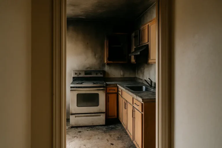Soot-stained kitchen with smoke damage viewed from a clean hallway through an open doorway
