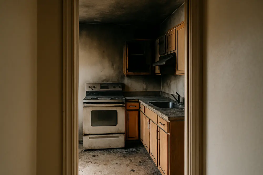 Soot-stained kitchen with smoke damage viewed from a clean hallway through an open doorway