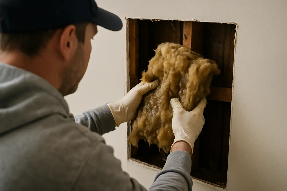 Technician wearing gloves removes fiberglass insulation from an opened wall cavity.