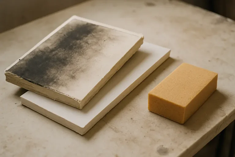 Two drywall offcuts, one clean and one with soot stains, beside a yellow sponge