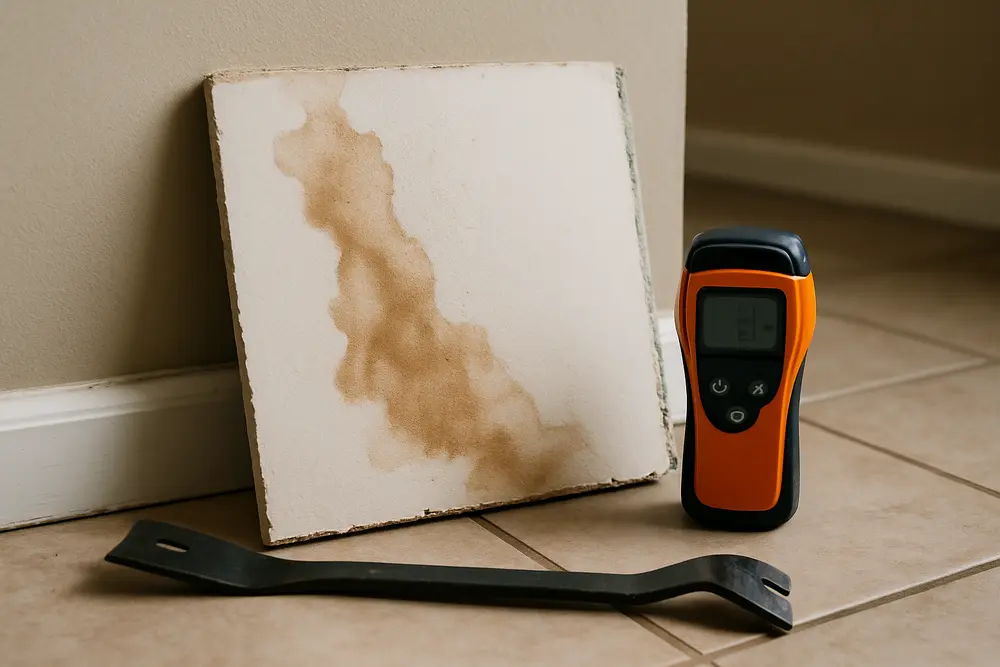 A water-stained drywall piece, an orange moisture meter, and a pry bar on tile floor